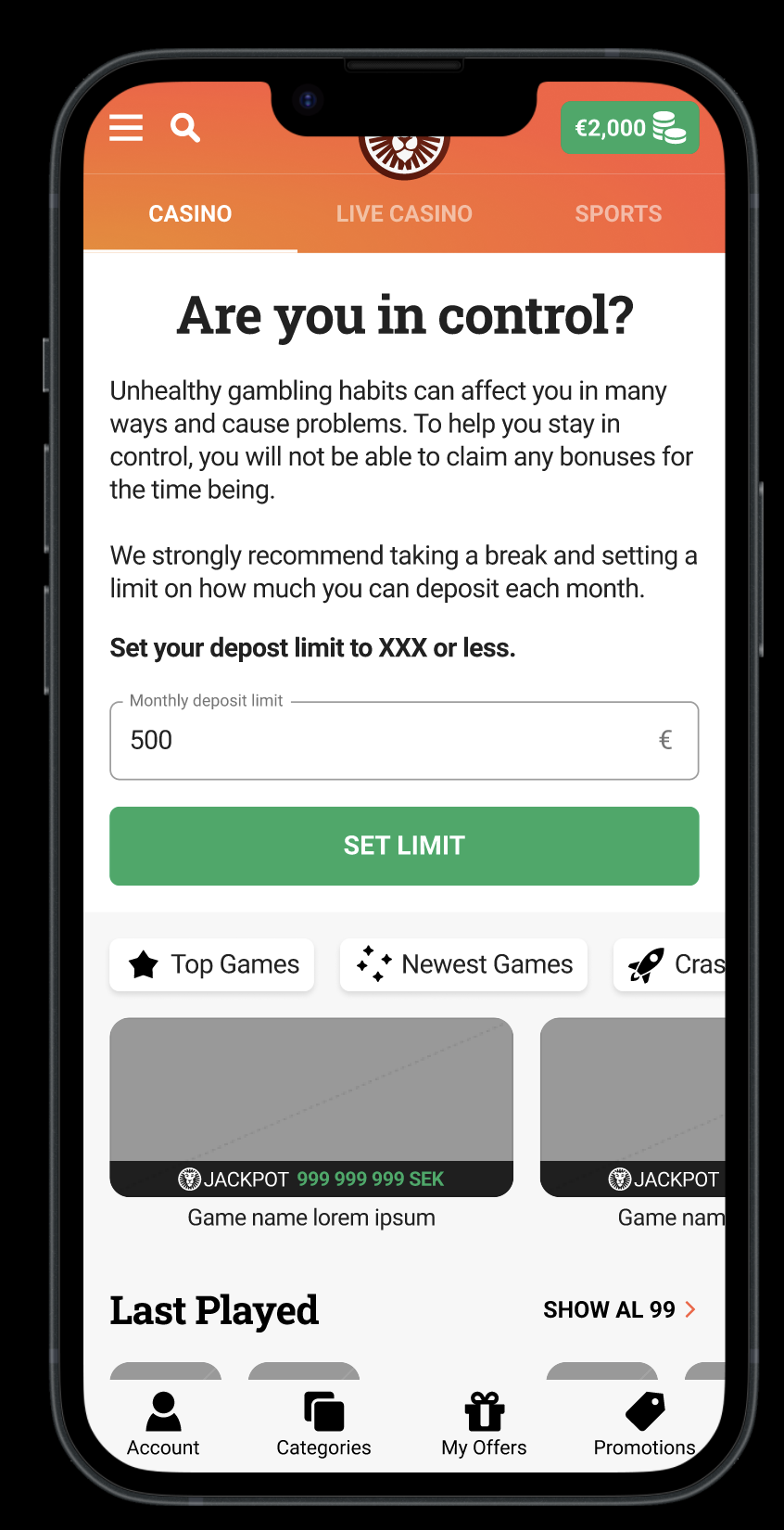 Responsible gambling limit-setting screen